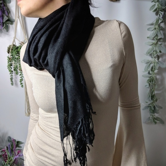 pashmina Accessories - NEW PASHMINA scarf black fringe wrap 0834